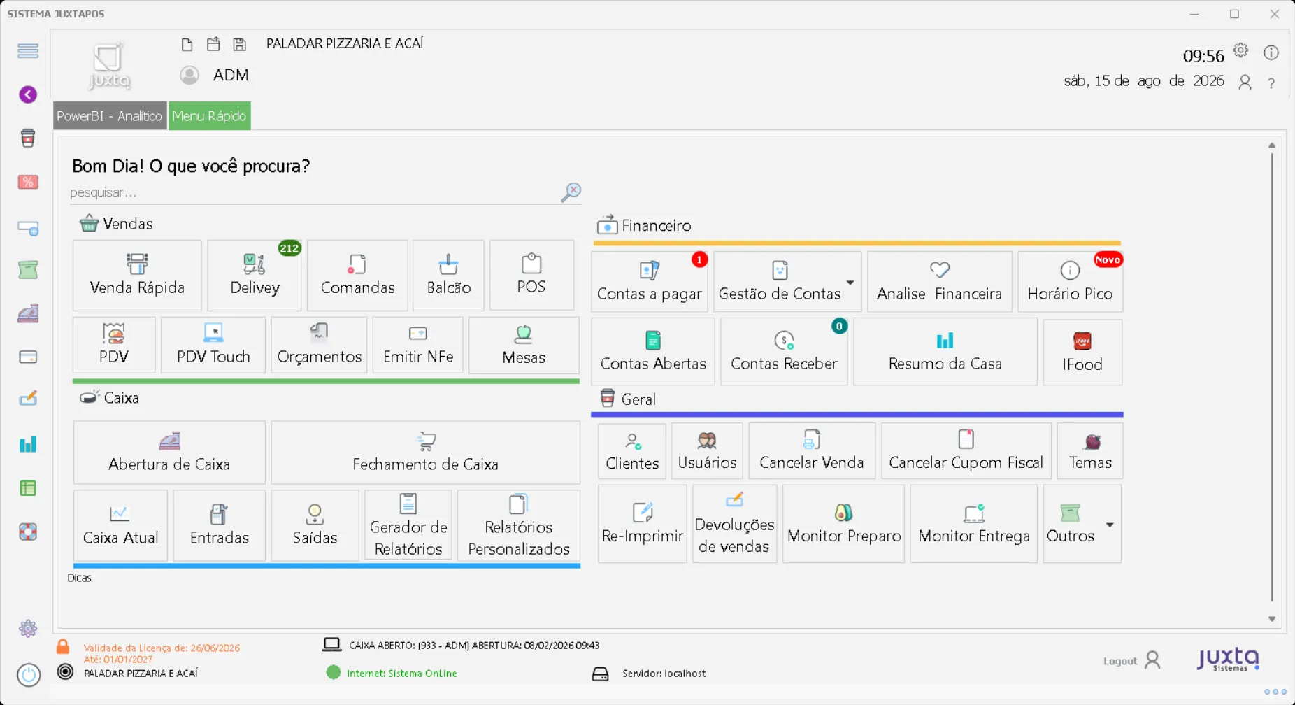 JuxtaPOS com visão geral de vendas, financeiro, caixa, delivery e gestão