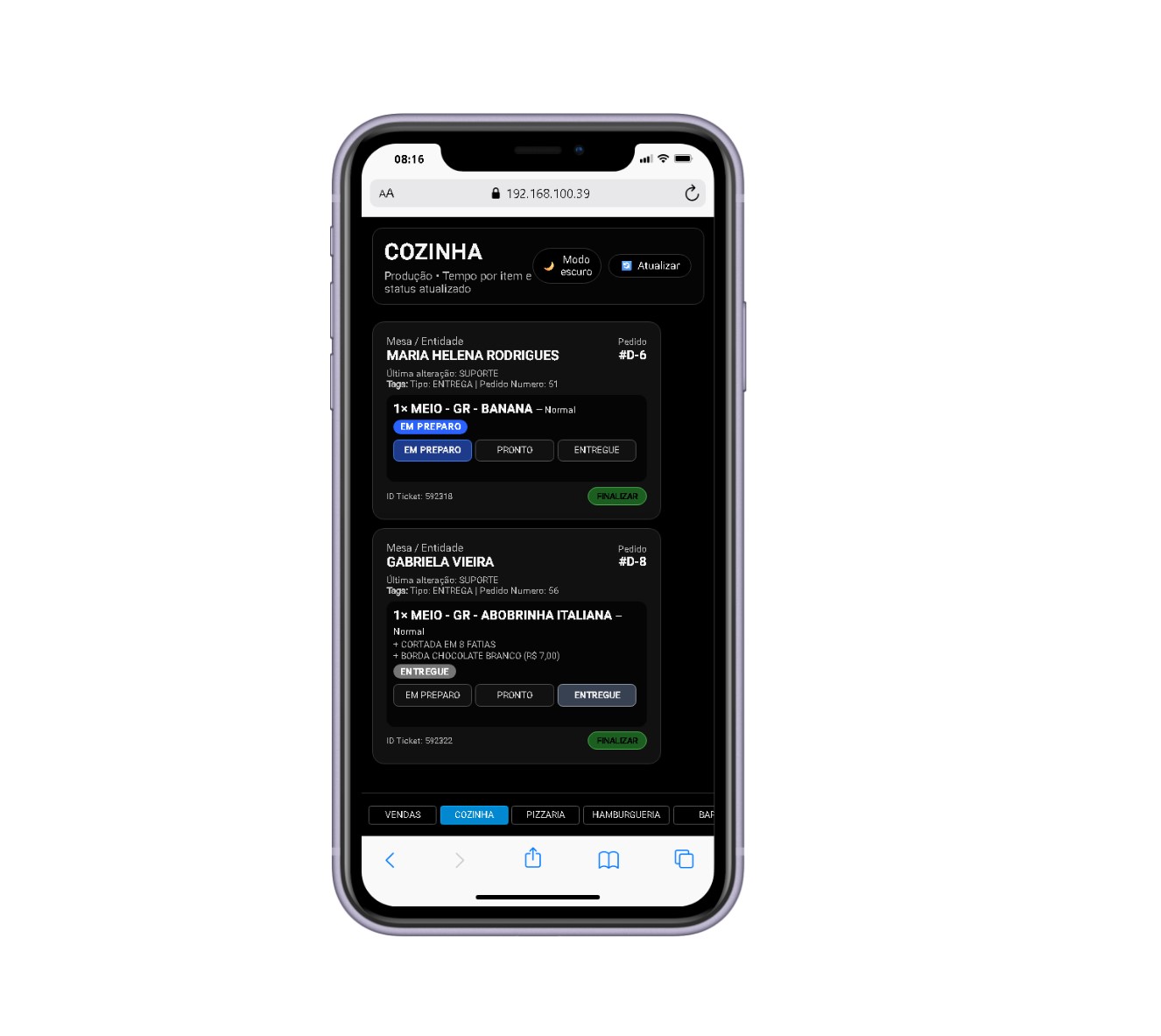 Pedidos sincronizados em tempo real
